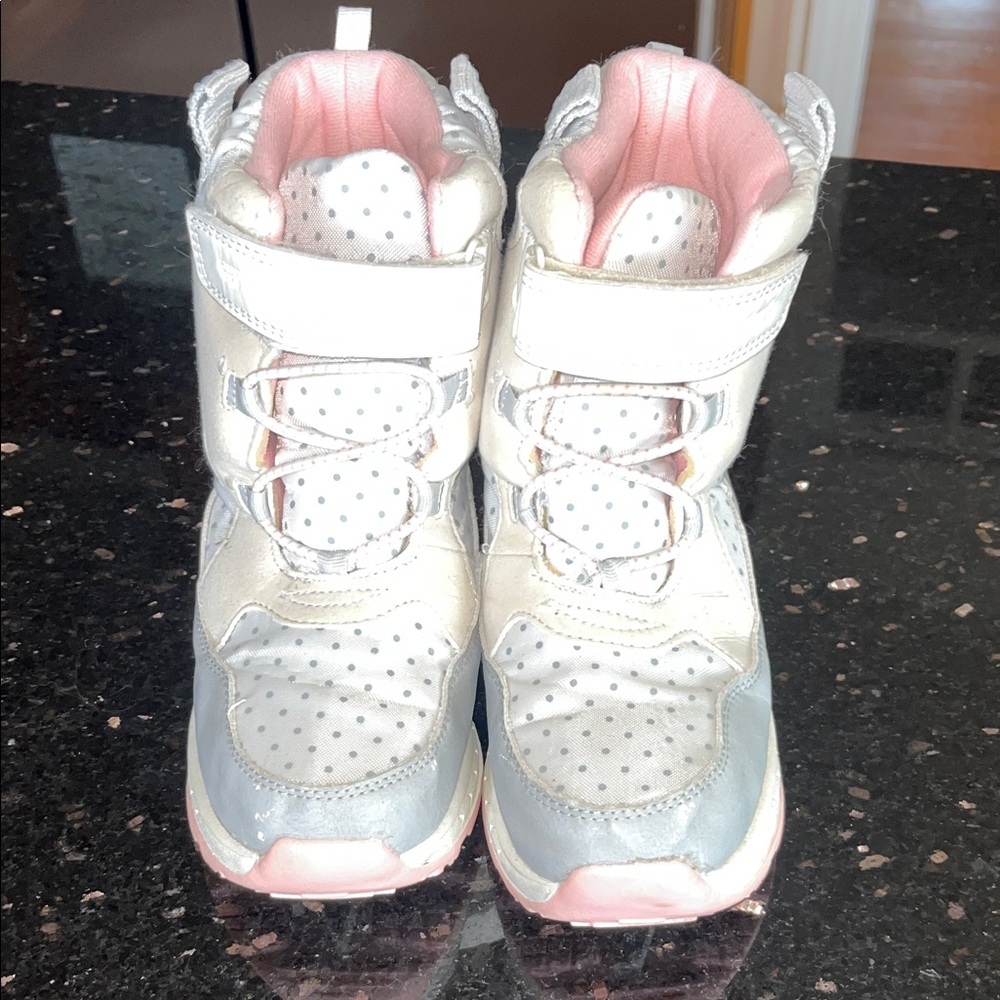 Girls Carter's Snow Boots - Pink and White with Gray Polka Dot
